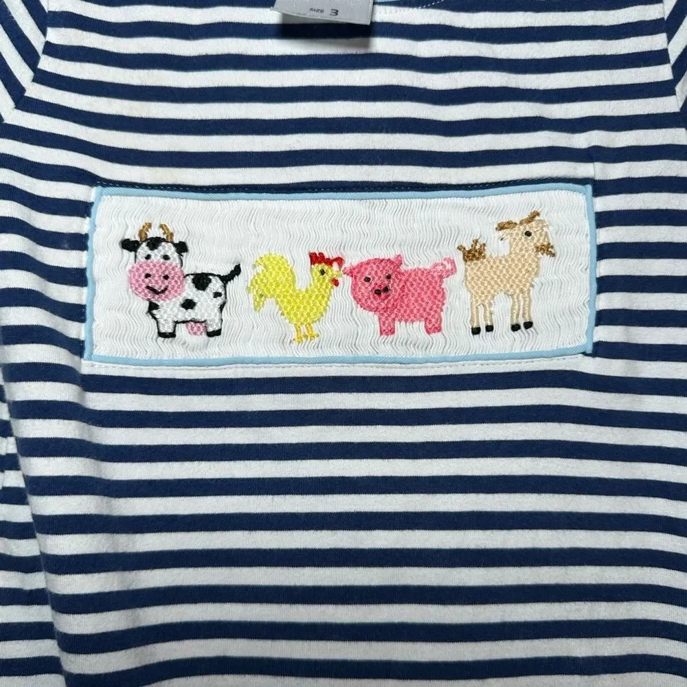 Busy‎ Bee Smocks Short Sleeve Farm Animal Romper Toddler Size 3t, Navy Striped